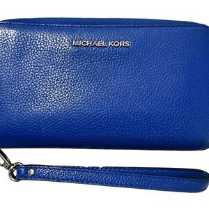 Michael Kors Blue Leather Jet Set Zip Around Wristlet Wallet